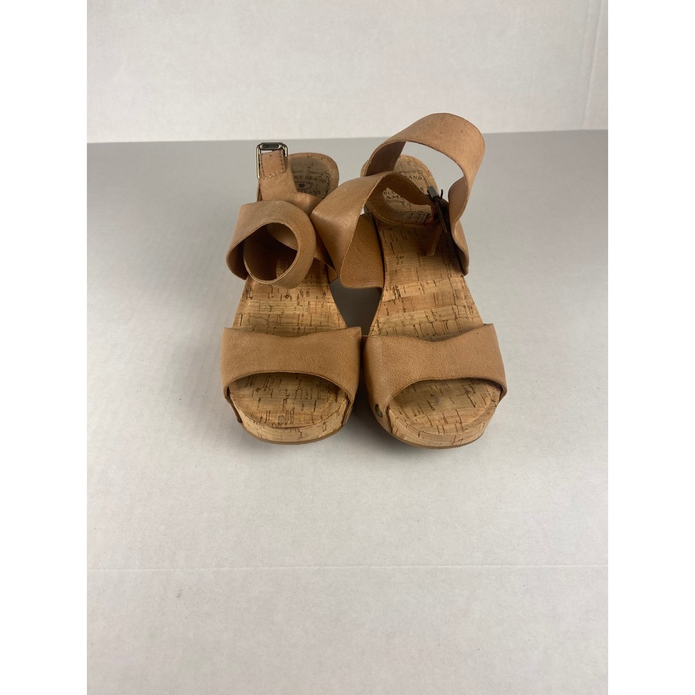 Lucky Brand Tan Leather Wedge Sandals Cork Sole Ankle Strap Women's Size 7.5